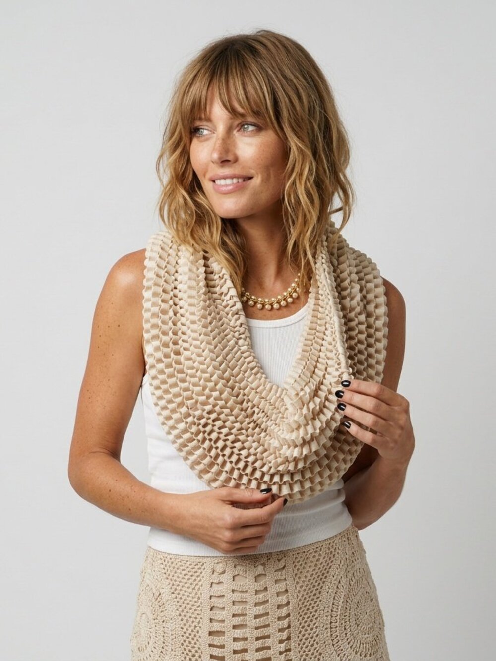 Scarf Artisan Knit Ribbon Textured DRAMATIC Ruffle Infinity Scarf